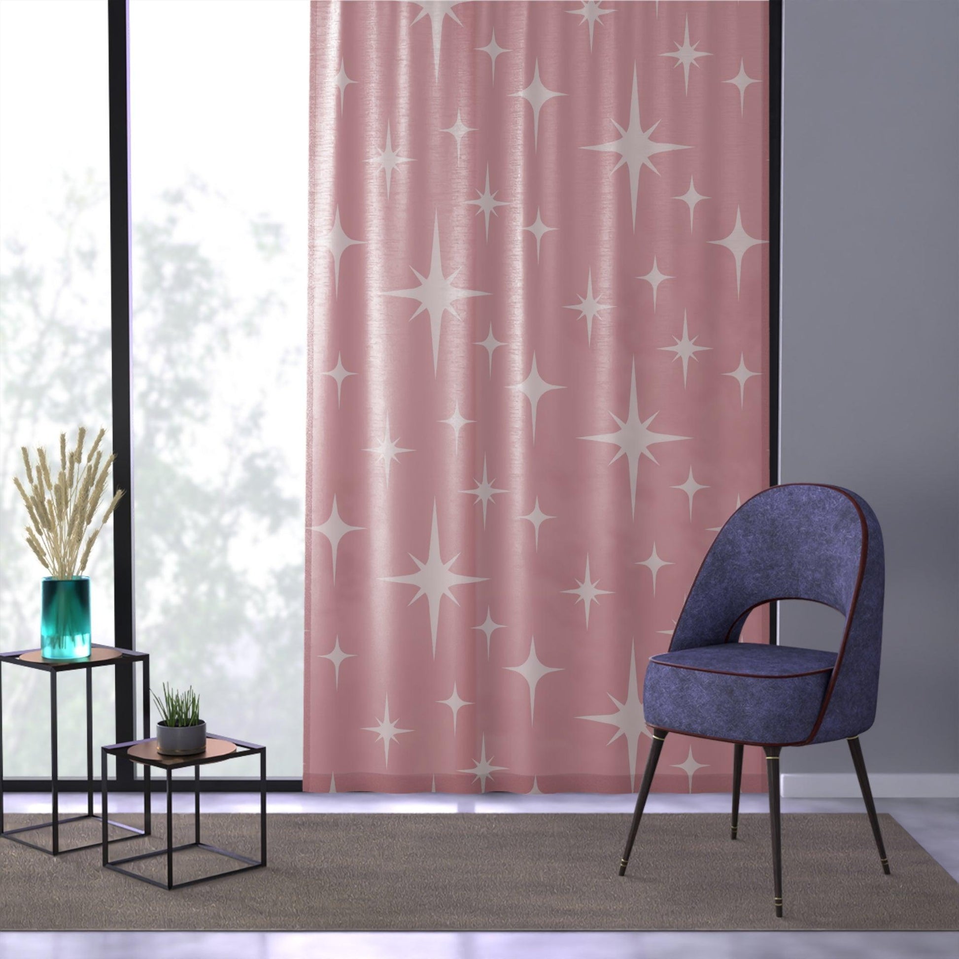 Retro 50s Atomic Starburst Pink Mid Century Modern Sheer Window Curtain | lovevisionkarma.com
