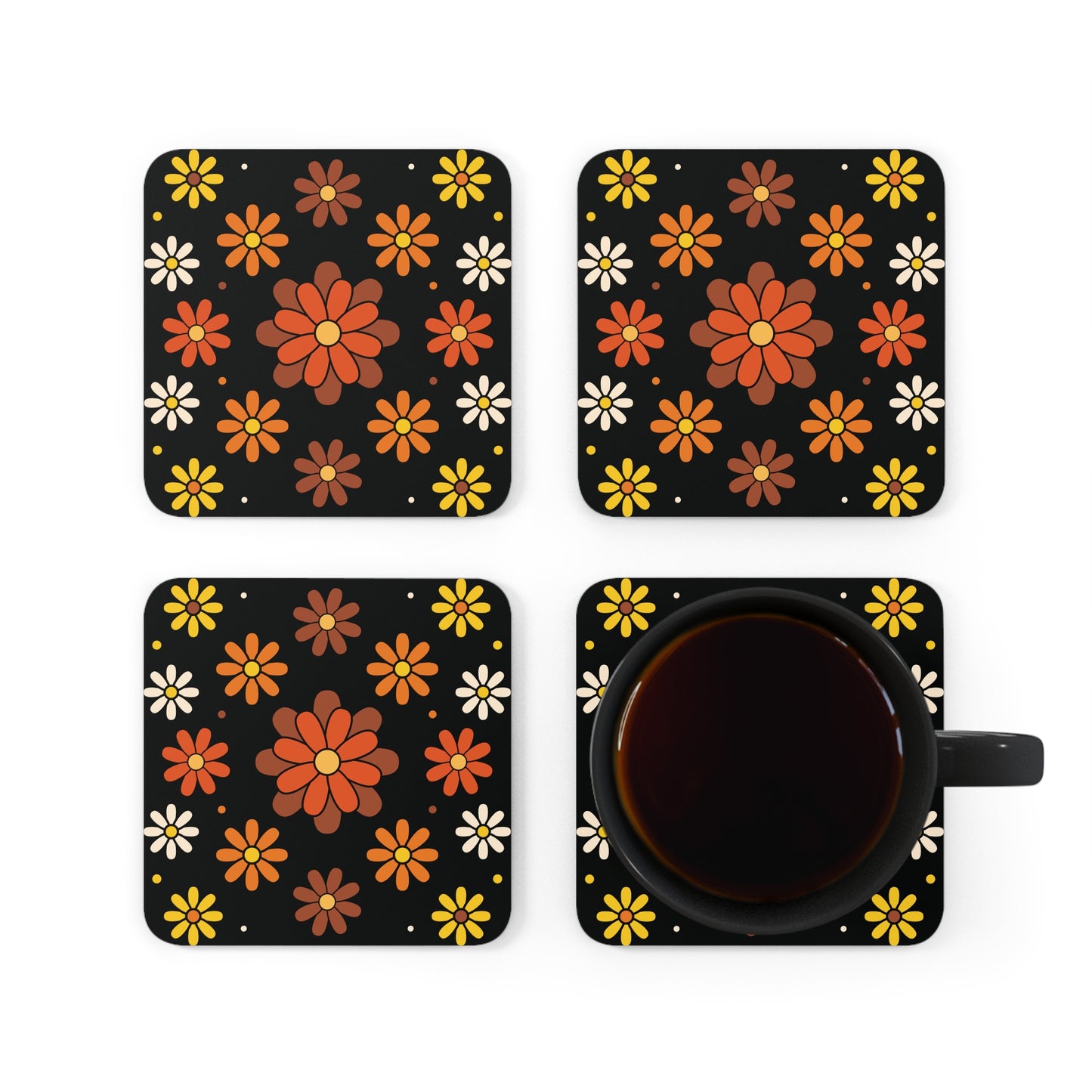 Retro 60s 70s Groovy Mod Daisy Mid Century Orange, Brown & Black Coaster Set