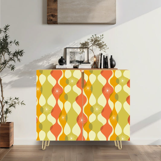 Retro 60s 70s Mid Century Mod Groovy Abstract Green, Orange & Mustard Credenza, Sideboard, Wooden Storage Cabinet
