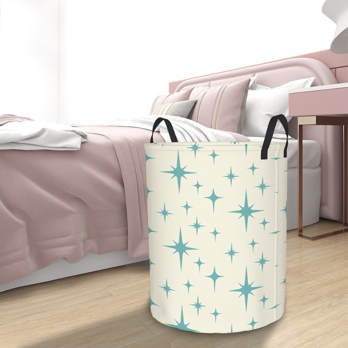 Retro 50s Atomic Starburst Mid Century Modern Blue and Off-White Round Laundry Hamper