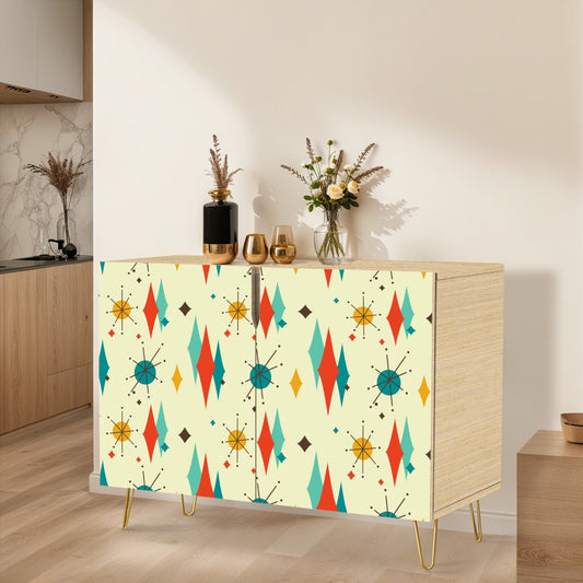 Retro 1950's Atomic Diamond and Starburst Mid Century Modern Colorful Credenza, Sideboard, Wooden Storage Cabinet
