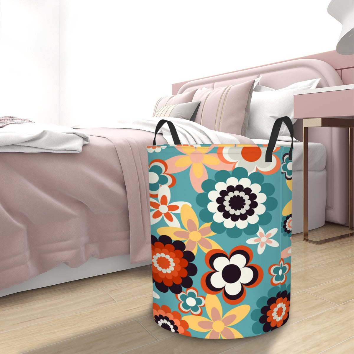 Retro 60s 70s Groovy Flowers Boho Blue, Coral and Yellow MCM Round Laundry Hamper