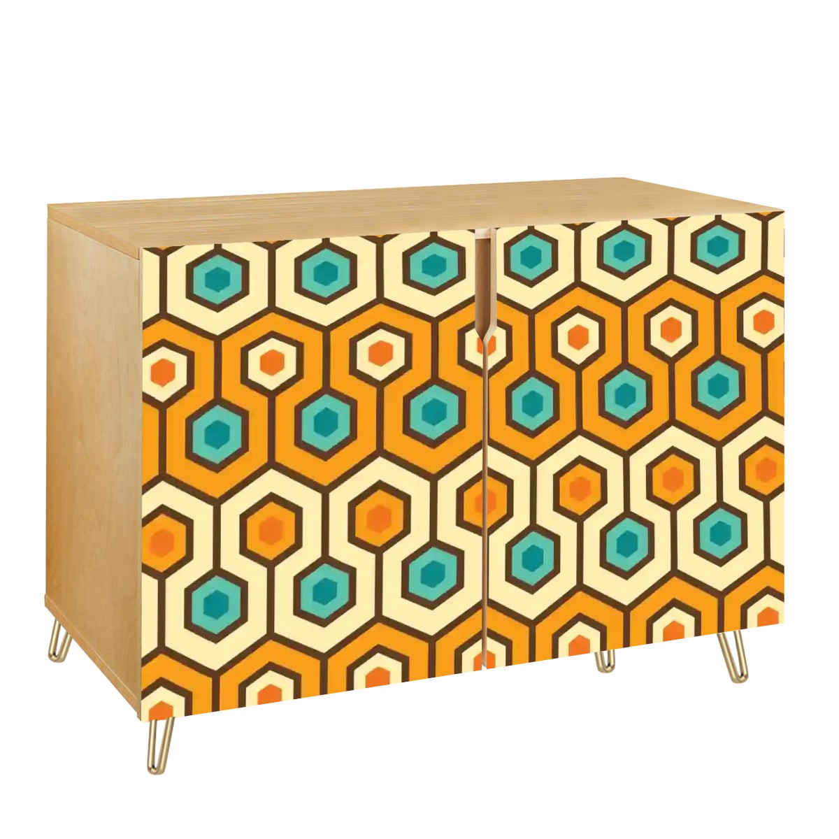 Retro 60s 70s Geometric Hexagon Mid Century Mod Orange & Teal Sideboard, Credenza, Wooden Storage Cabinet