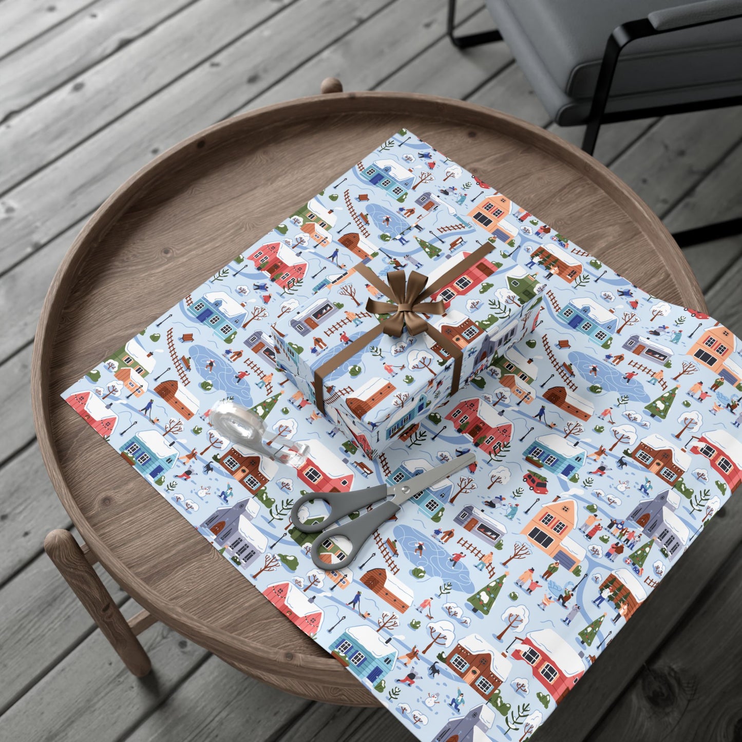 Small Town Christmas Village, Retro Vintage Winter Scene, Multicolor Eco-Friendly Gift Wrap