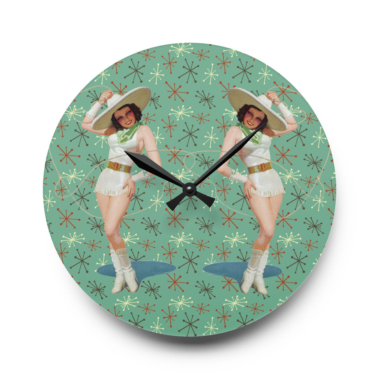 Retro Pin Up Girls Double Trouble Cowgirls Mid Century Mod Acrylic Wall Clock