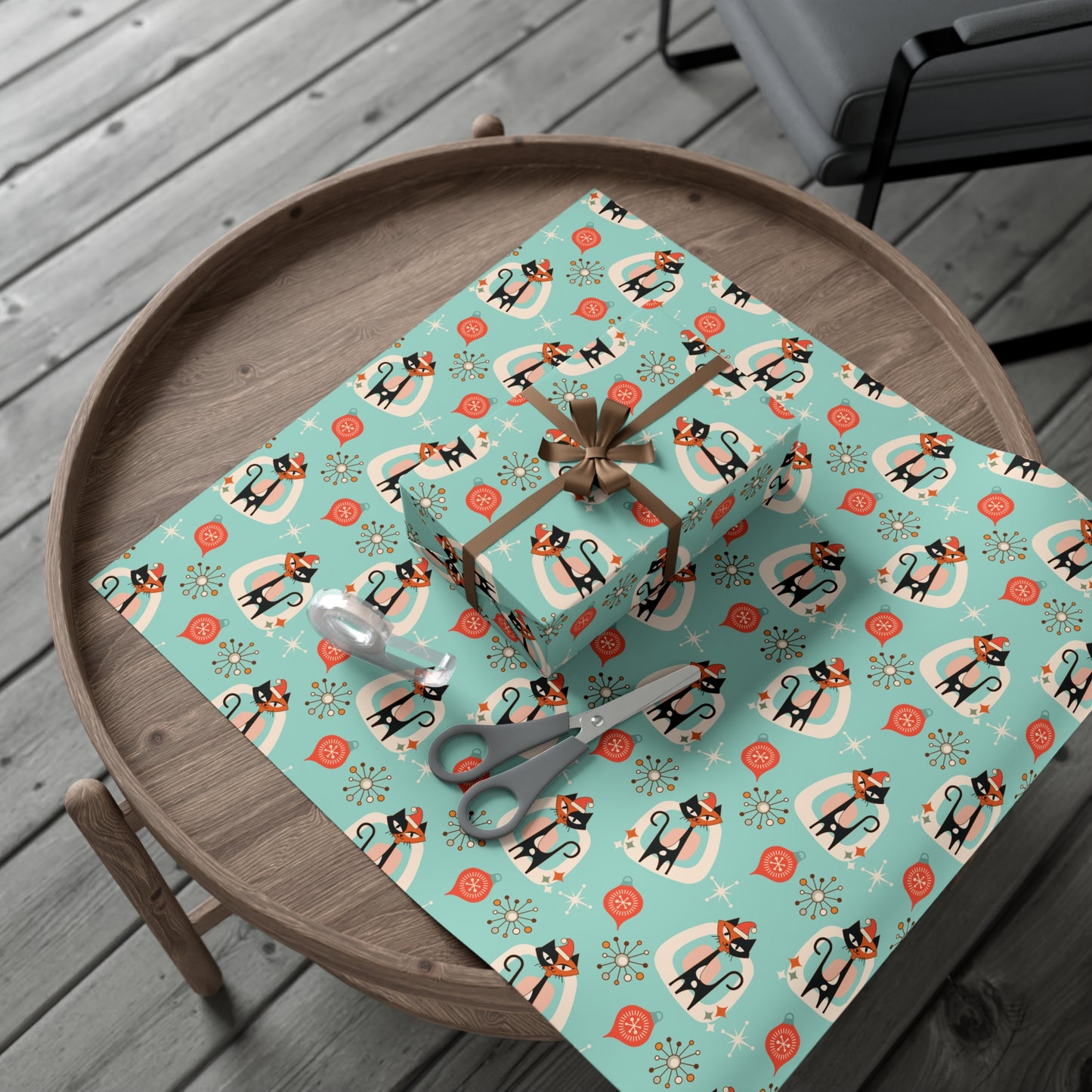 Retro 50's Atomic Cat & Starbursts Kitschy Christmas Mid Century Modern Blue Eco-Friendly Wrapping Paper