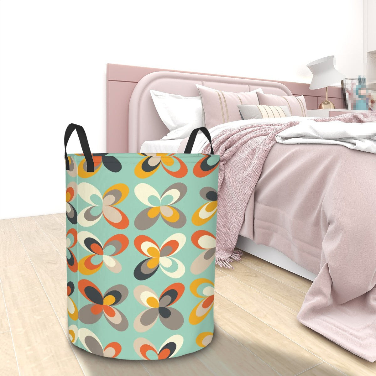 Retro Scandi MCM Danish Flowers Mint Green Round Laundry Hamper