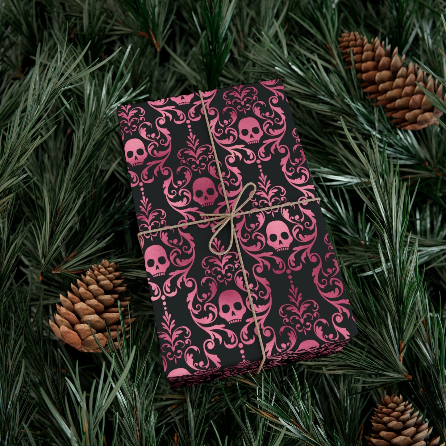 Pink Damask Skulls, Victorian Goth, Dark Academia, Goth Christmas & Creepmas Glam Black Eco-Friendly Gift Wrap Paper