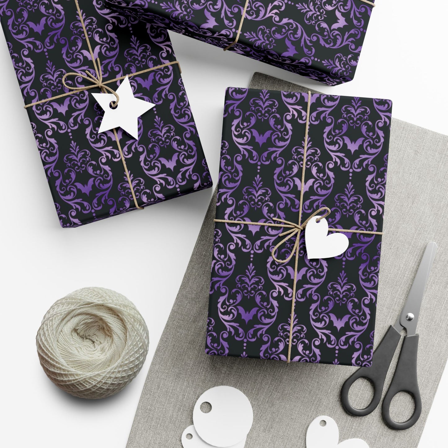 Purple Damask Bats, Victorian Goth Inspired, Dark Academia Goth Christmas & Creepmas Glam Goth Black Gift Wrap Paper