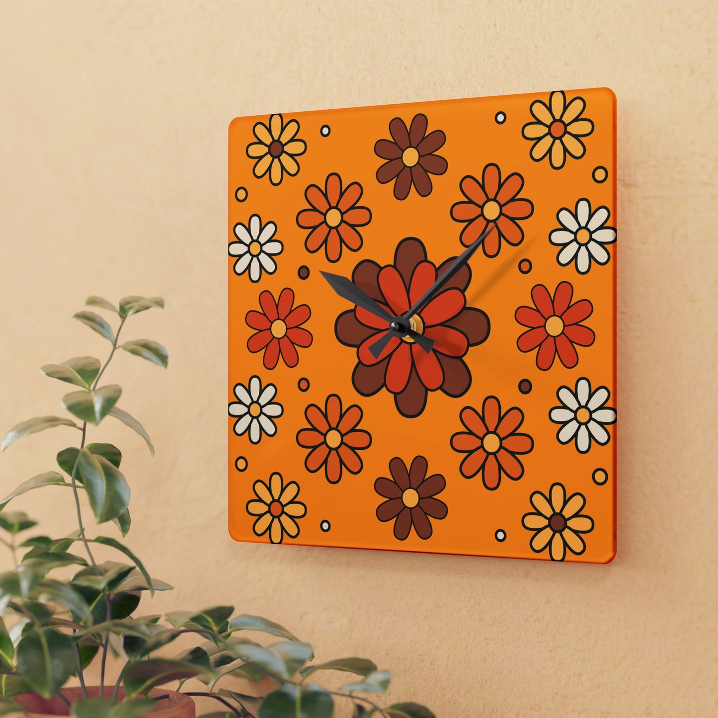 Retro 60s 70s Groovy Mod Daisy Floral Mid Century Orange & Brown Acrylic Wall Clock