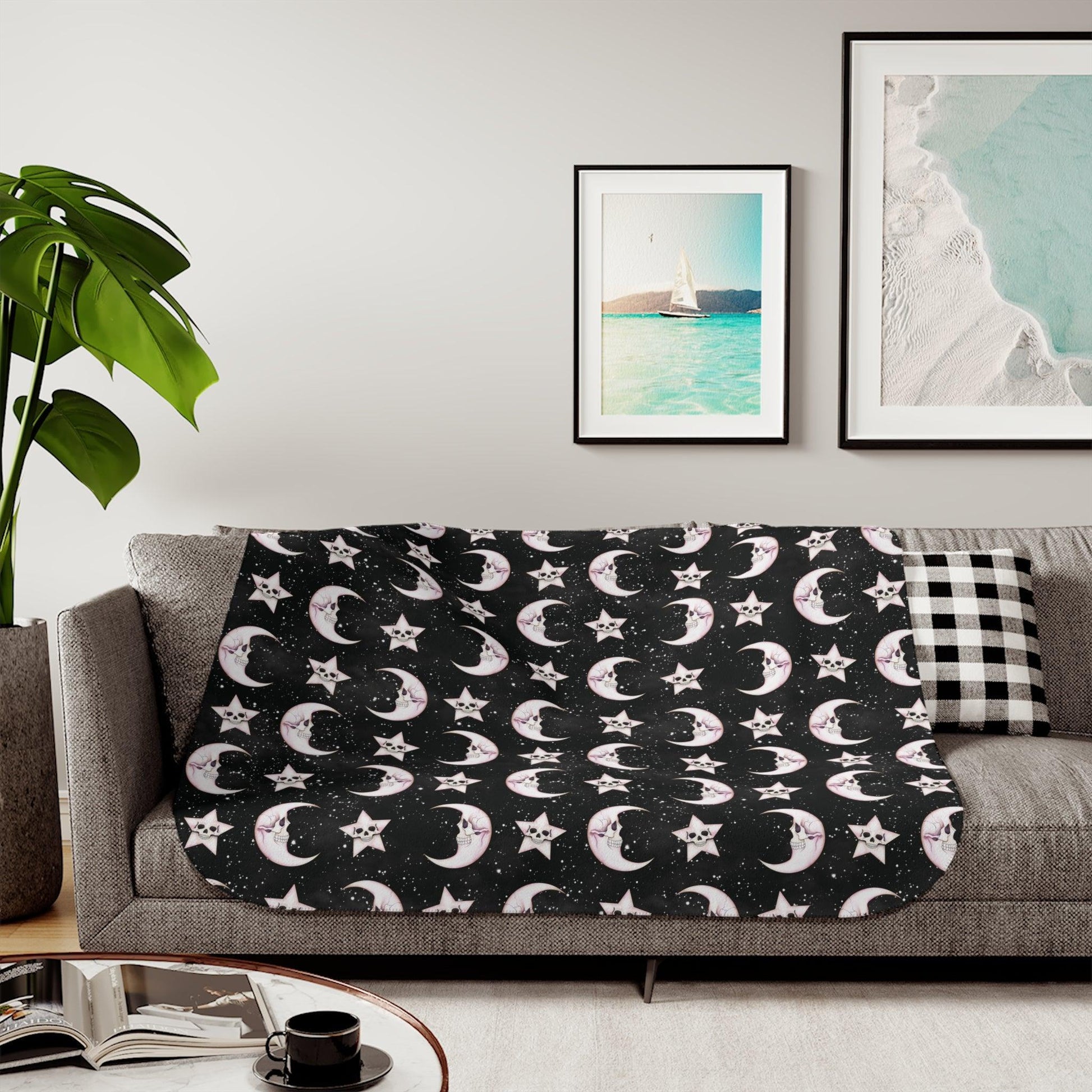 Goth Christmas Celestial Moon & Stars Whimsical Kawaii Creepmas Black Sherpa Blanket | lovevisionkarma.com