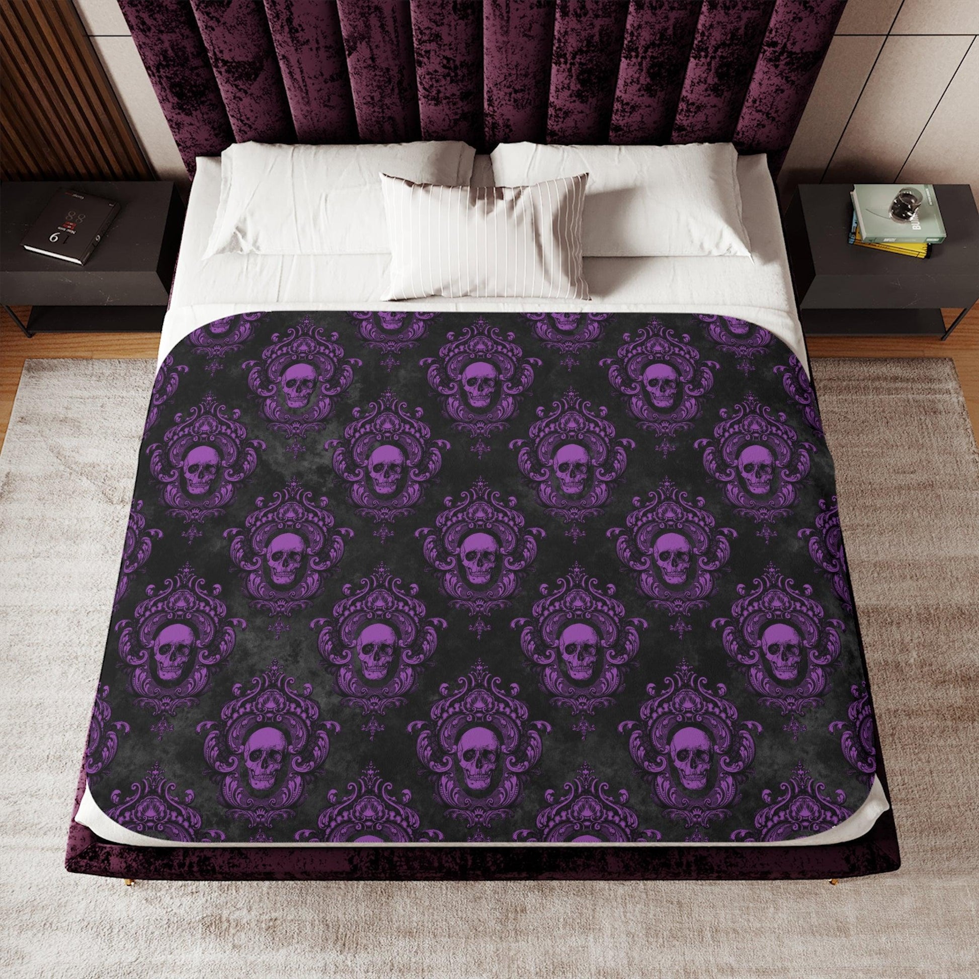 Gothic Purple Skull with Ornate Frame, Purple and Black Glam Goth Sherpa Blanket | lovevisionkarma.com