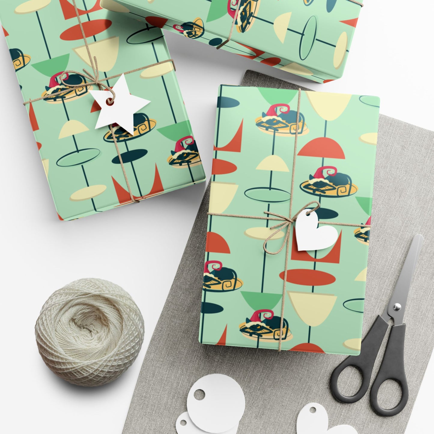Retro 50's Atomic Cat Christmas Kitschy Mid Century Modern Green Eco-Friendly Wrapping Paper