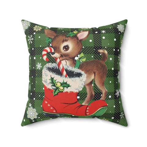 Retro 50s Christmas Vintage Reindeer MCM Green Throw Pillow