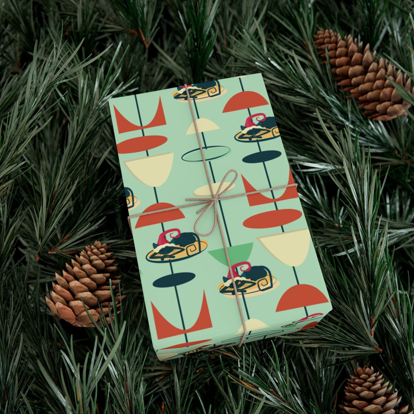 Retro 50's Atomic Cat Christmas Kitschy Mid Century Modern Green Eco-Friendly Wrapping Paper
