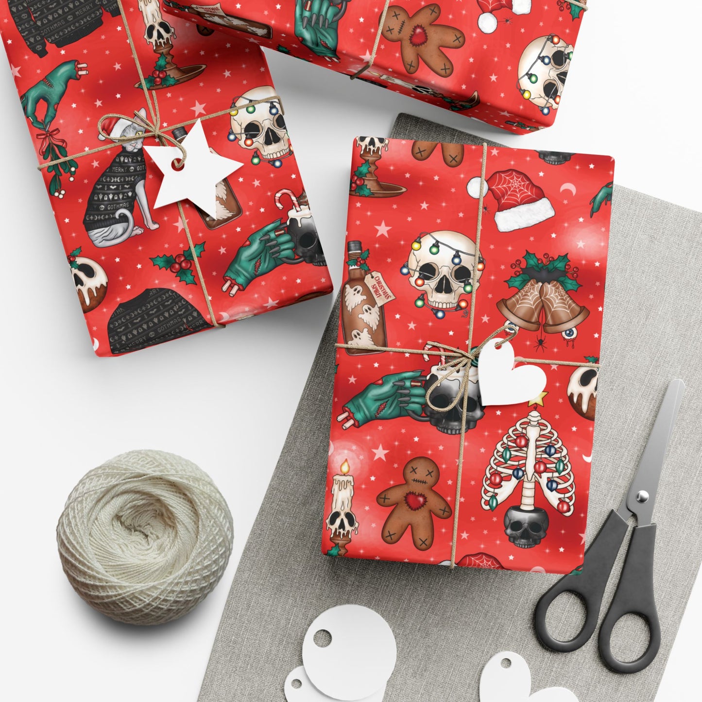 Goth Christmas Kitsch Skulls, Cats & Zombie Hands Red Eco-Friendly Gift Wrap Paper