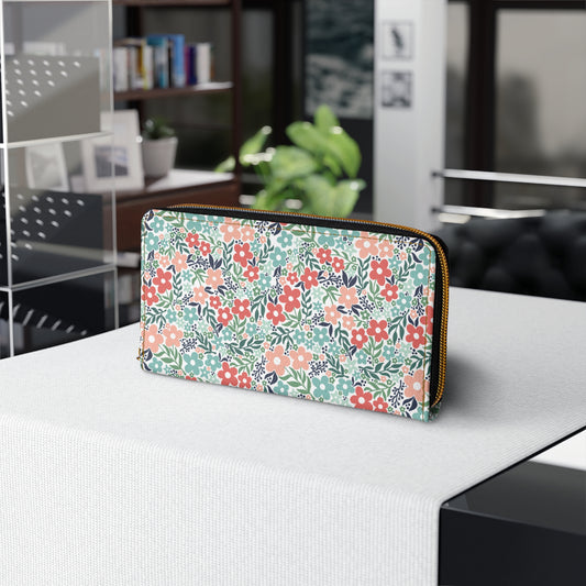 Retro Minimalist Scandi Flowers Cottagecore MCM Vintage Inspired Coral & Teal Zipper Wallet