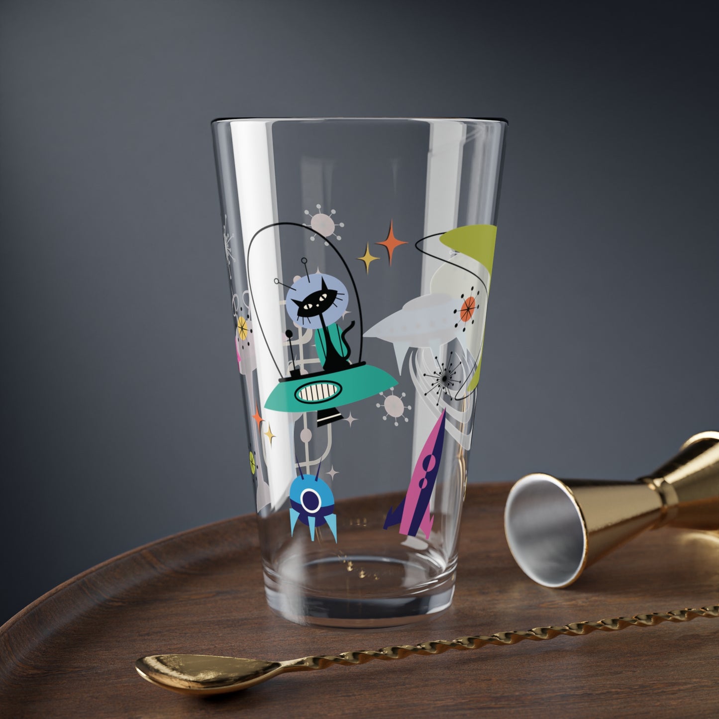 Retro 50s Space Age Atomic Black Cat, Boomerang & Spaceship MCM Multicolor Pint Glass