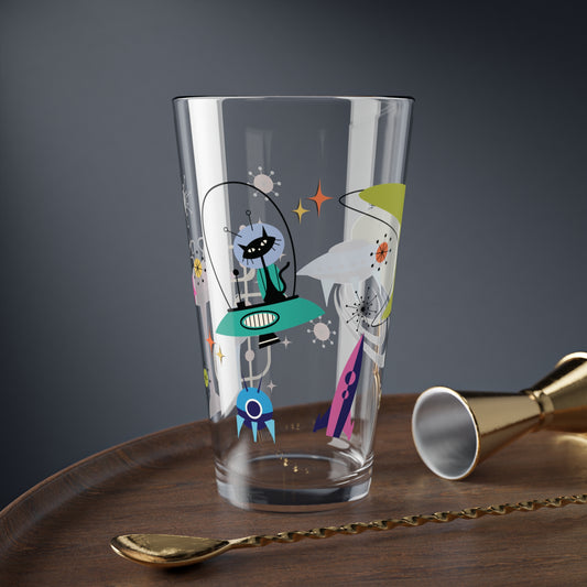 Retro 50s Space Age Atomic Black Cat, Boomerang & Spaceship MCM Multicolor Pint Glass