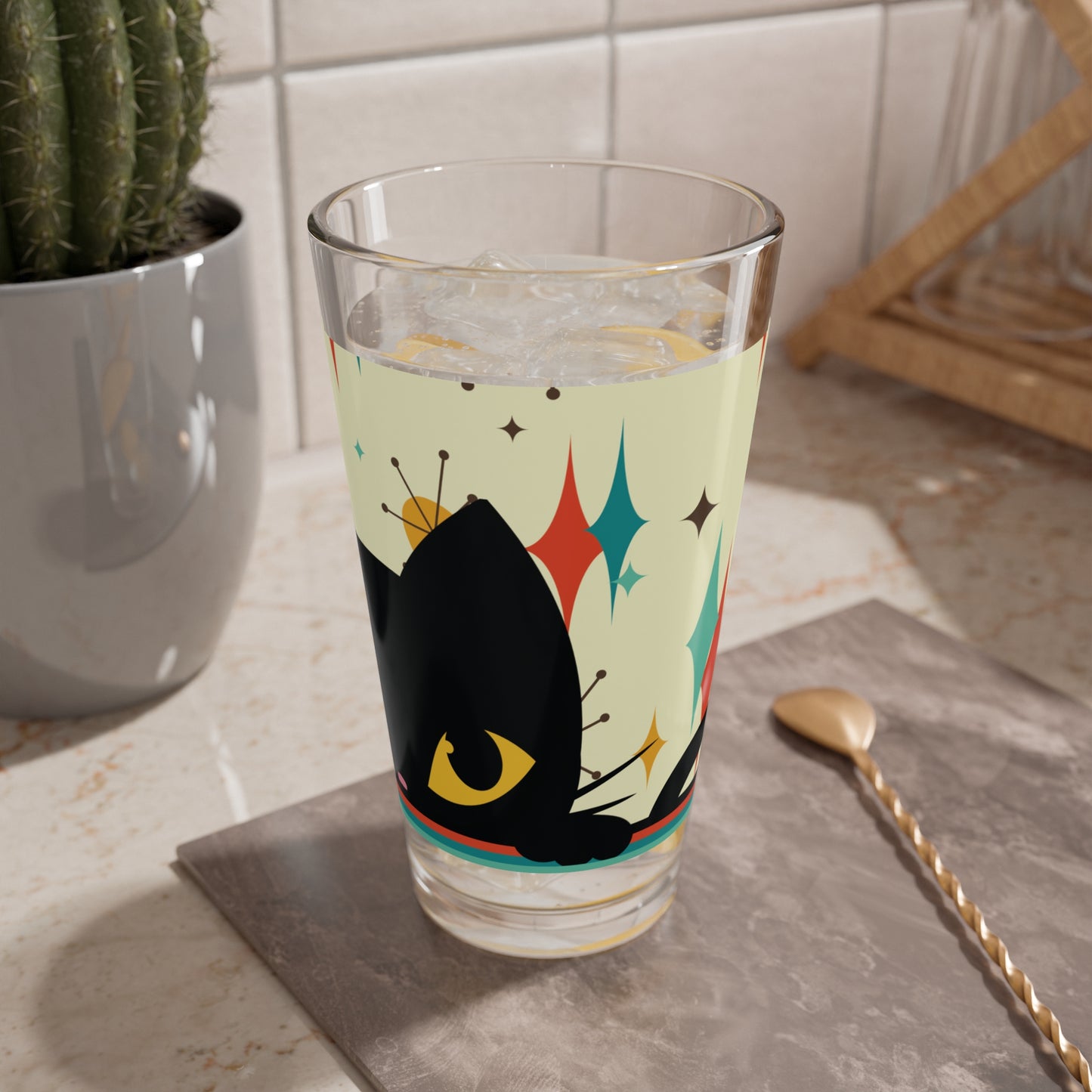 Retro 50s Atomic Black Cat, Diamonds and Bursts Mid Century Mod Multicolor Pint Glass