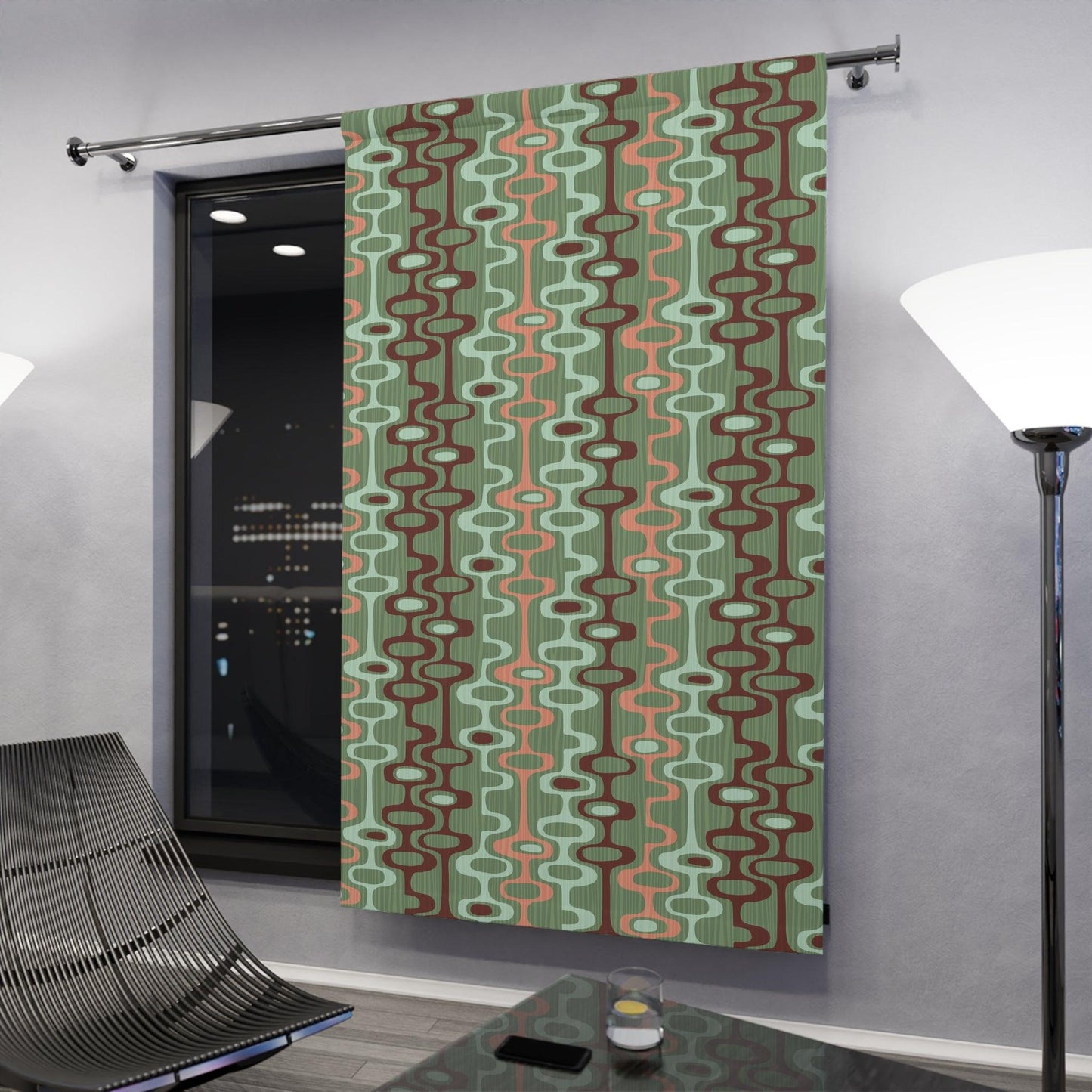 MCM Retro Mod Abstract Green, Pink and Brown Blackout Window Curtain | lovevisionkarma.com