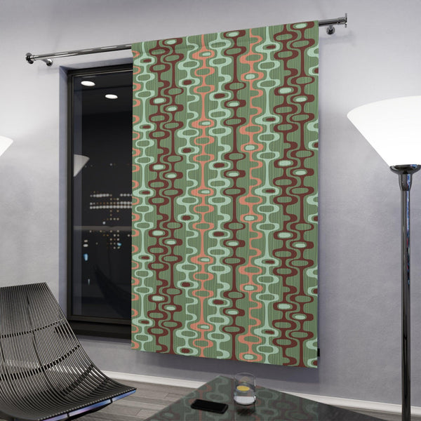 MCM Retro Mod Abstract Green, Pink and Brown Blackout Window Curtain | lovevisionkarma.com