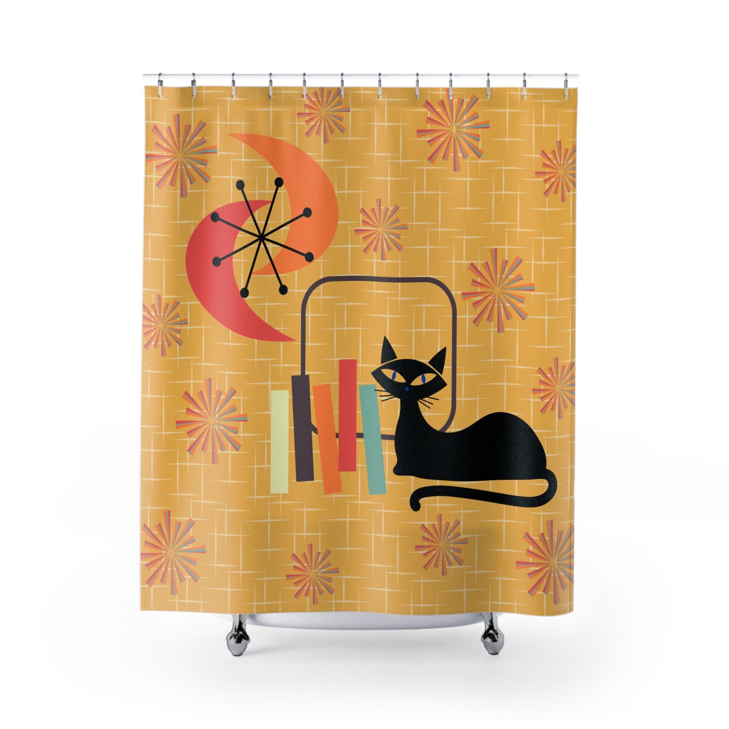 Retro Atomic Cat & Starbursts Mid Century Mod Yellow Shower Curtain