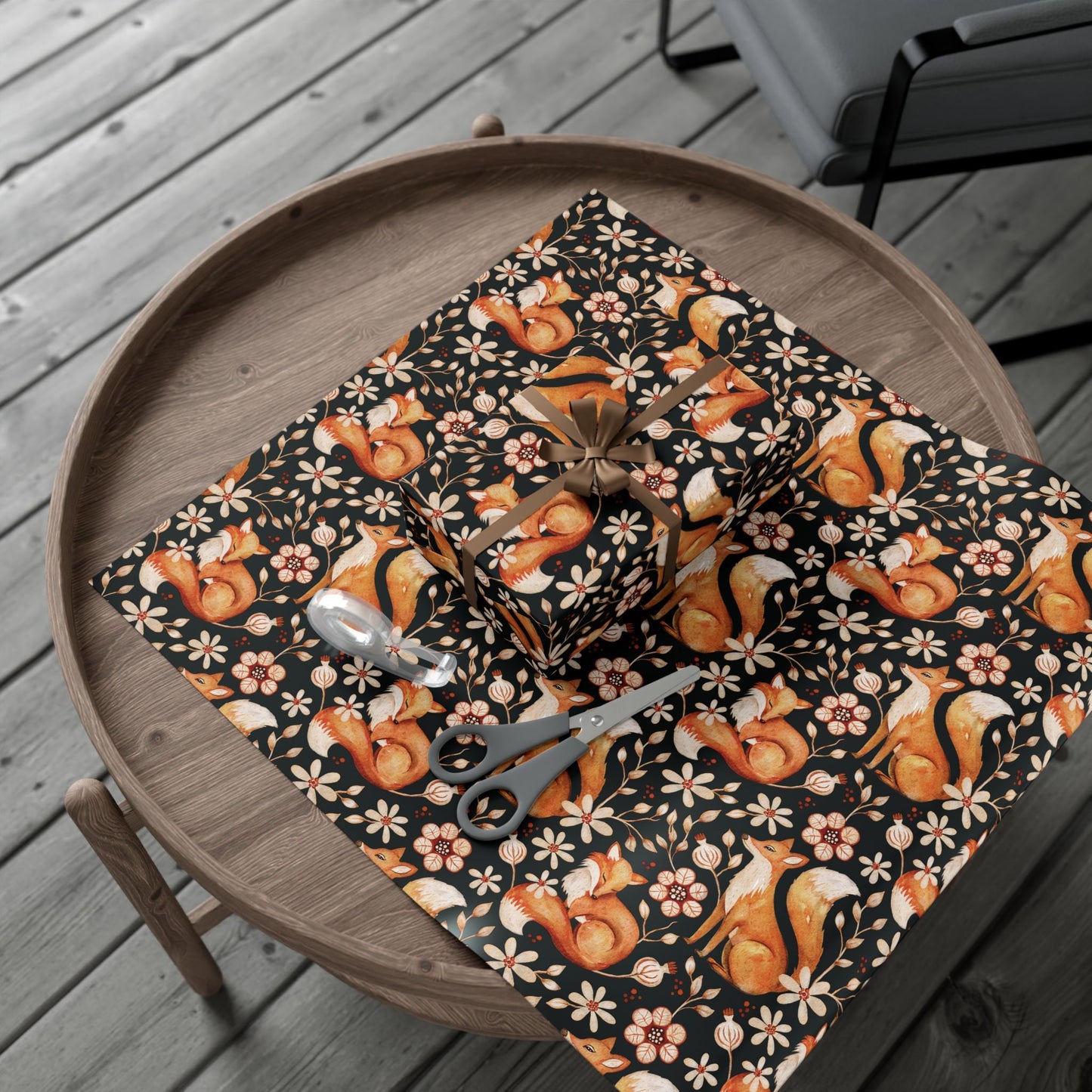 Enchanted Woodland Fox, Floral Dark Cottagecore Watercolor Style, Black Eco-Friendly Gift Wrap