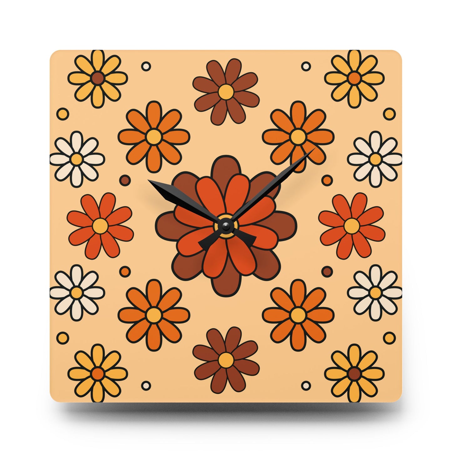 Retro 60s 70s Groovy Mod Daisy Floral Mid Century Orange & Brown Acrylic Wall Clock