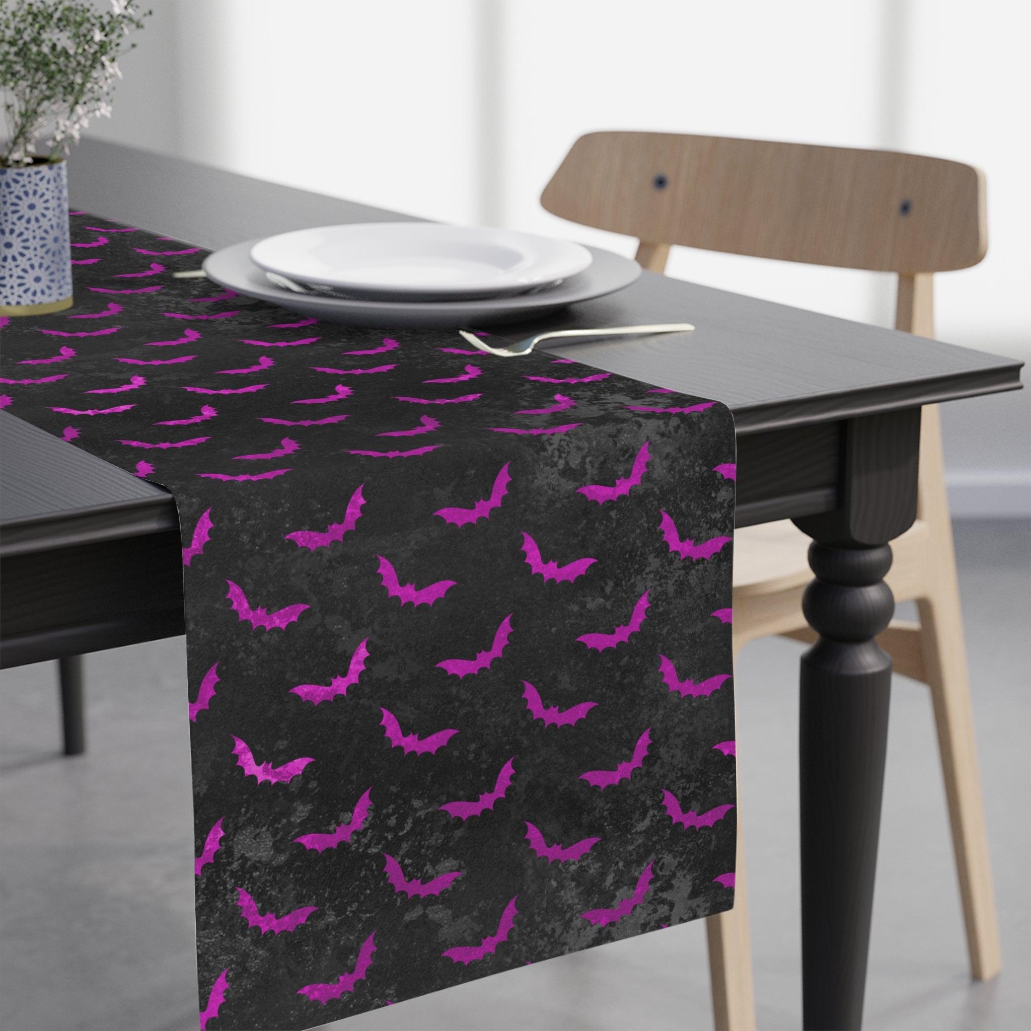 Purple Bats & Distressed Black Halloween Table Runner, Creepmas, Goth Christmas