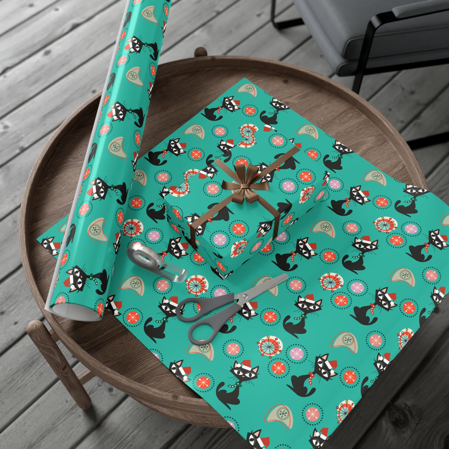 Retro 50's Atomic Cat Christmas Kitschy Mid Century Modern Teal Blue Eco-Friendly Wrapping Paper