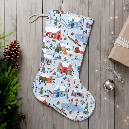 Small Town Christmas Village, Retro Vintage Winter Scene, Multicolor Christmas Stocking