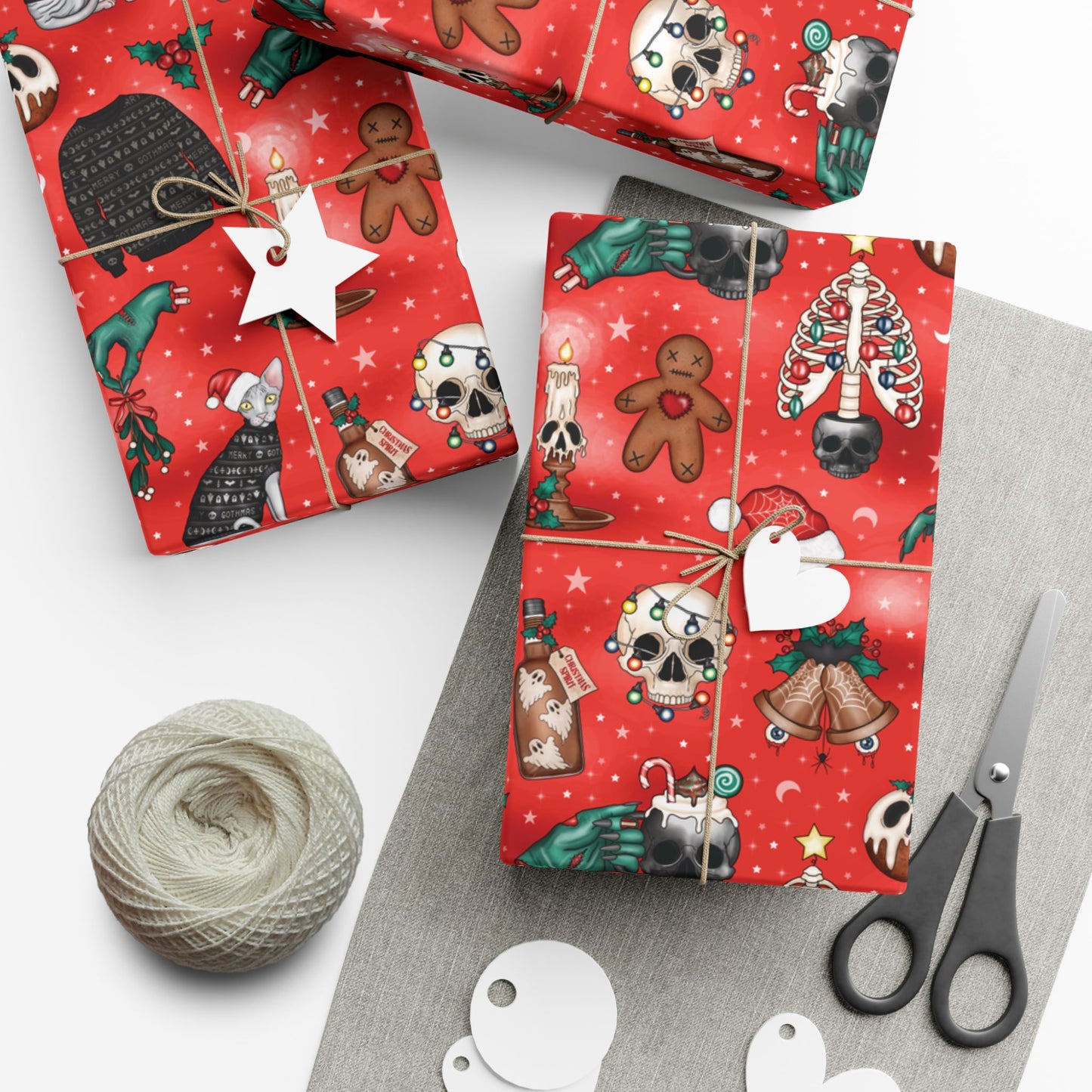 Goth Christmas Kitsch Skulls, Cats & Zombie Hands Red Eco-Friendly Gift Wrap Paper