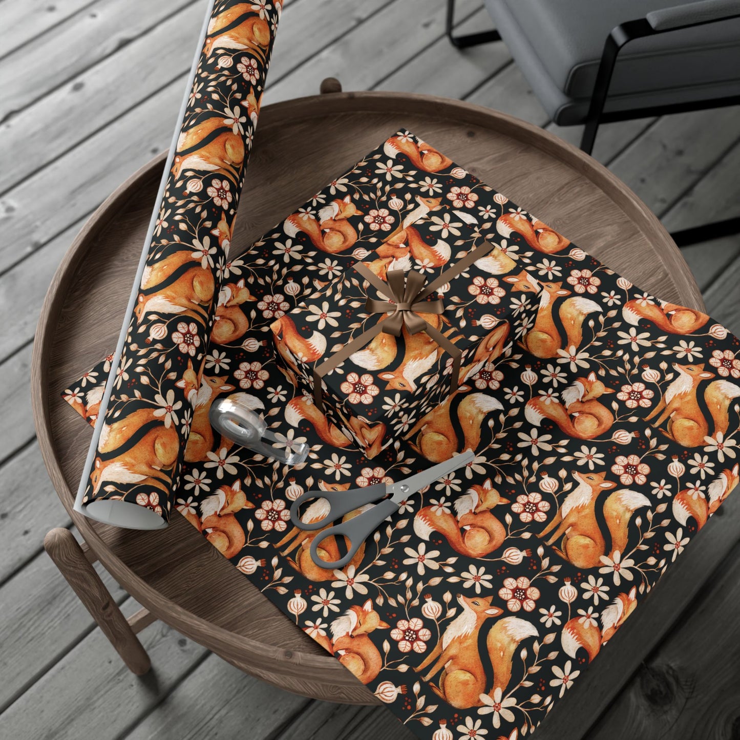 Enchanted Woodland Fox, Floral Dark Cottagecore Watercolor Style, Black Eco-Friendly Gift Wrap
