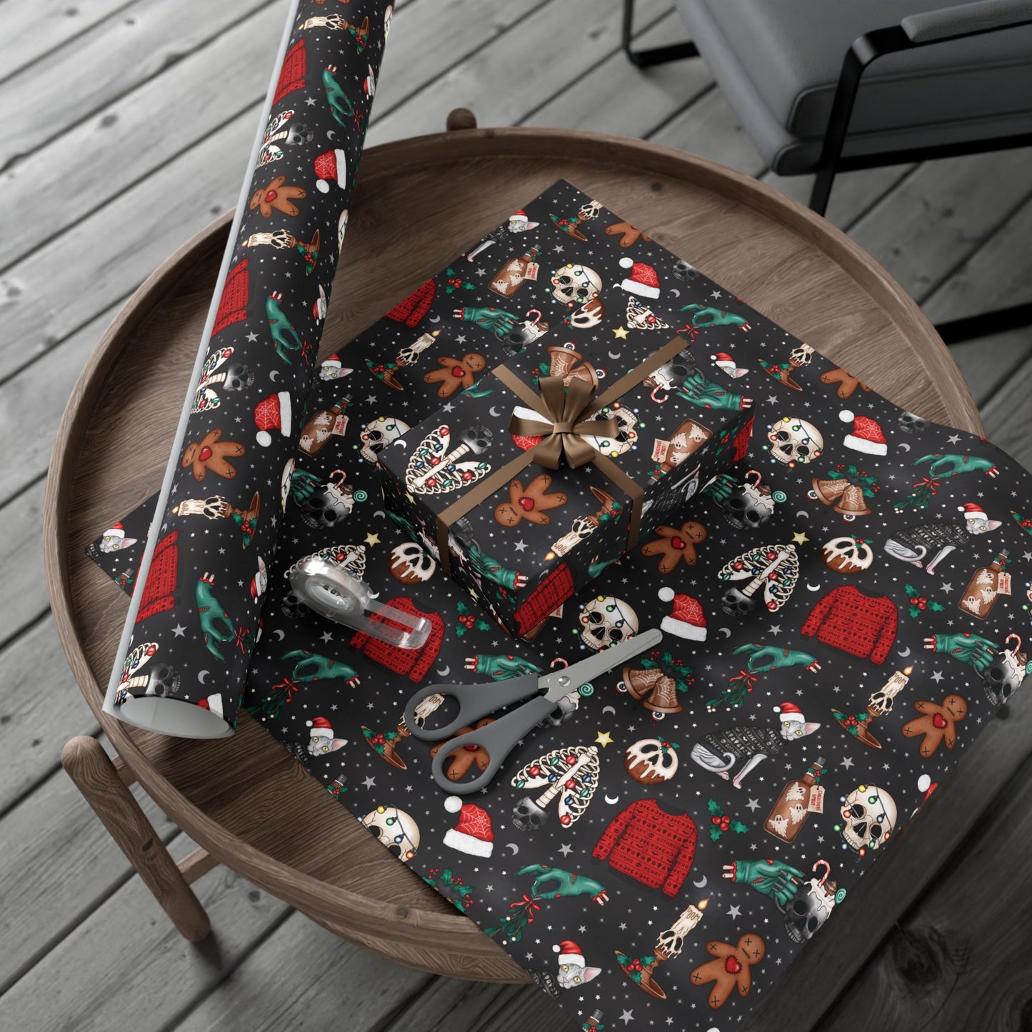 Kitschy Kawaii Goth Christmas, Creepy Cute Whimsigoth Creepmas Black Eco-Friendly Gift Wrap Paper
