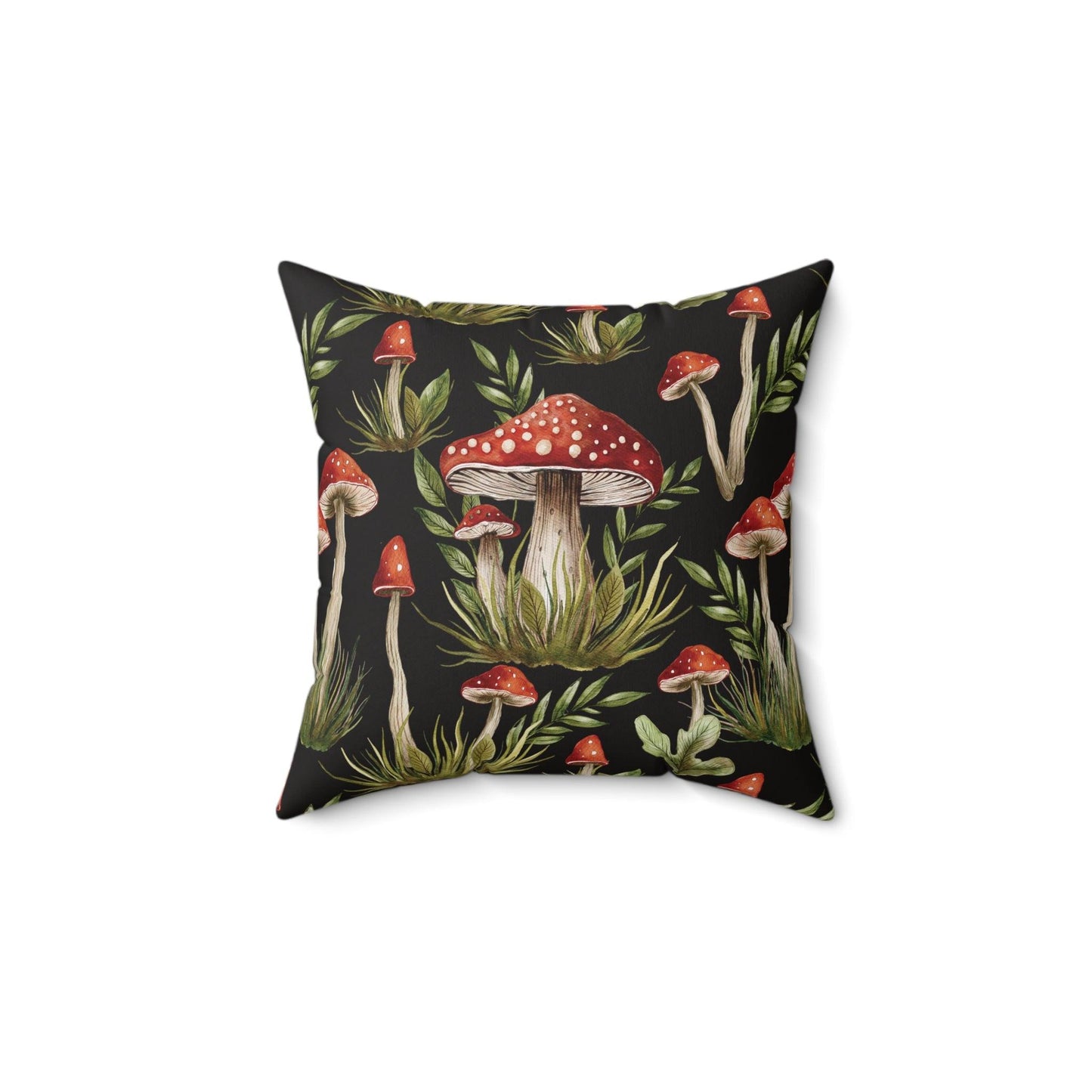 Amanita Muscaria Mushroom, Dark Cottagecore Watercolor Black, Red & Green Throw Pillow | lovevisionkarma.com