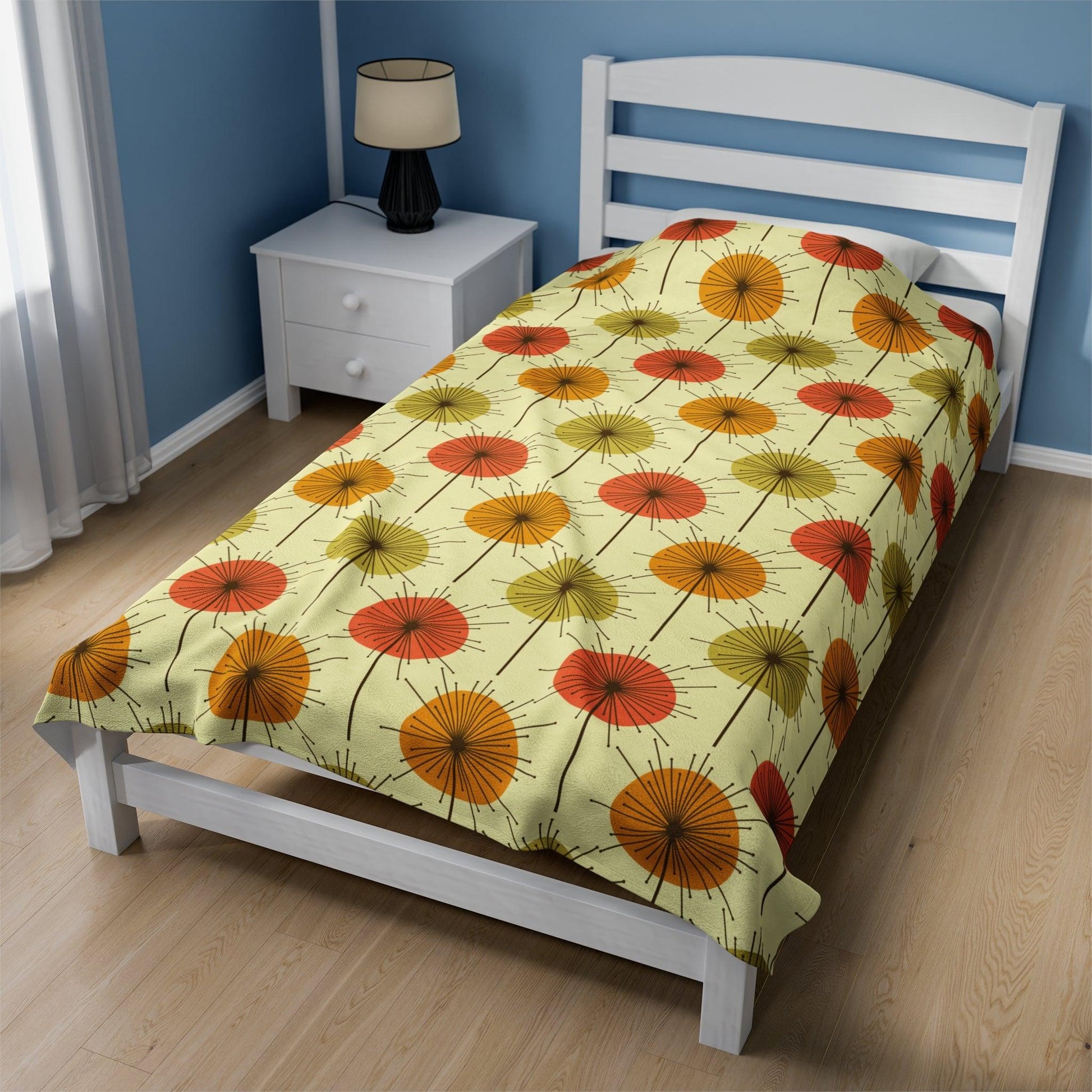 Retro Mid Century Mod Dandelion Yellow, Orange & Green Velveteen Lightweight Blanket | lovevisionkarma.com