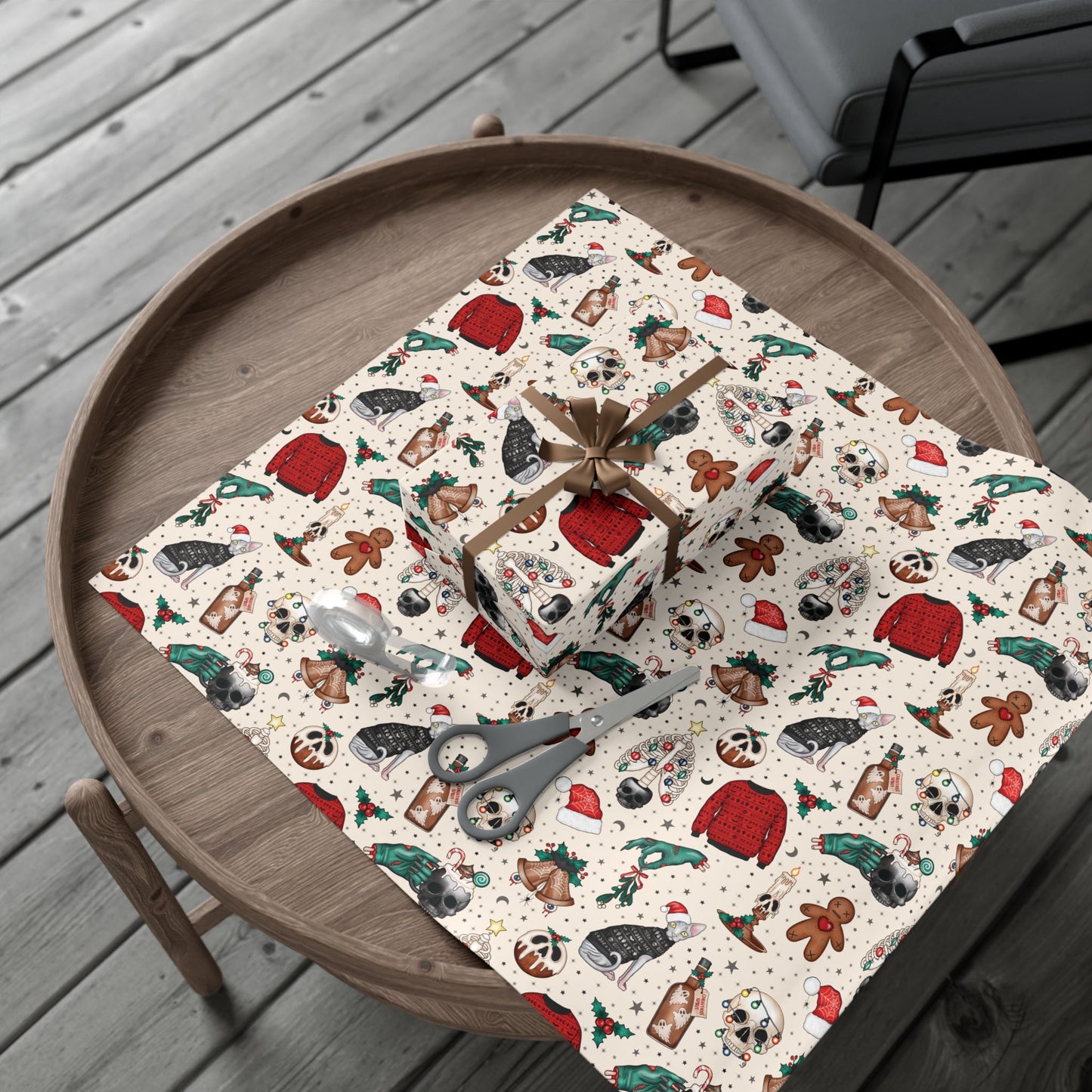 Goth Christmas Kitsch Skulls, Cats & Zombie Hands Multicolor Eco-Friendly Gift Wrap Paper