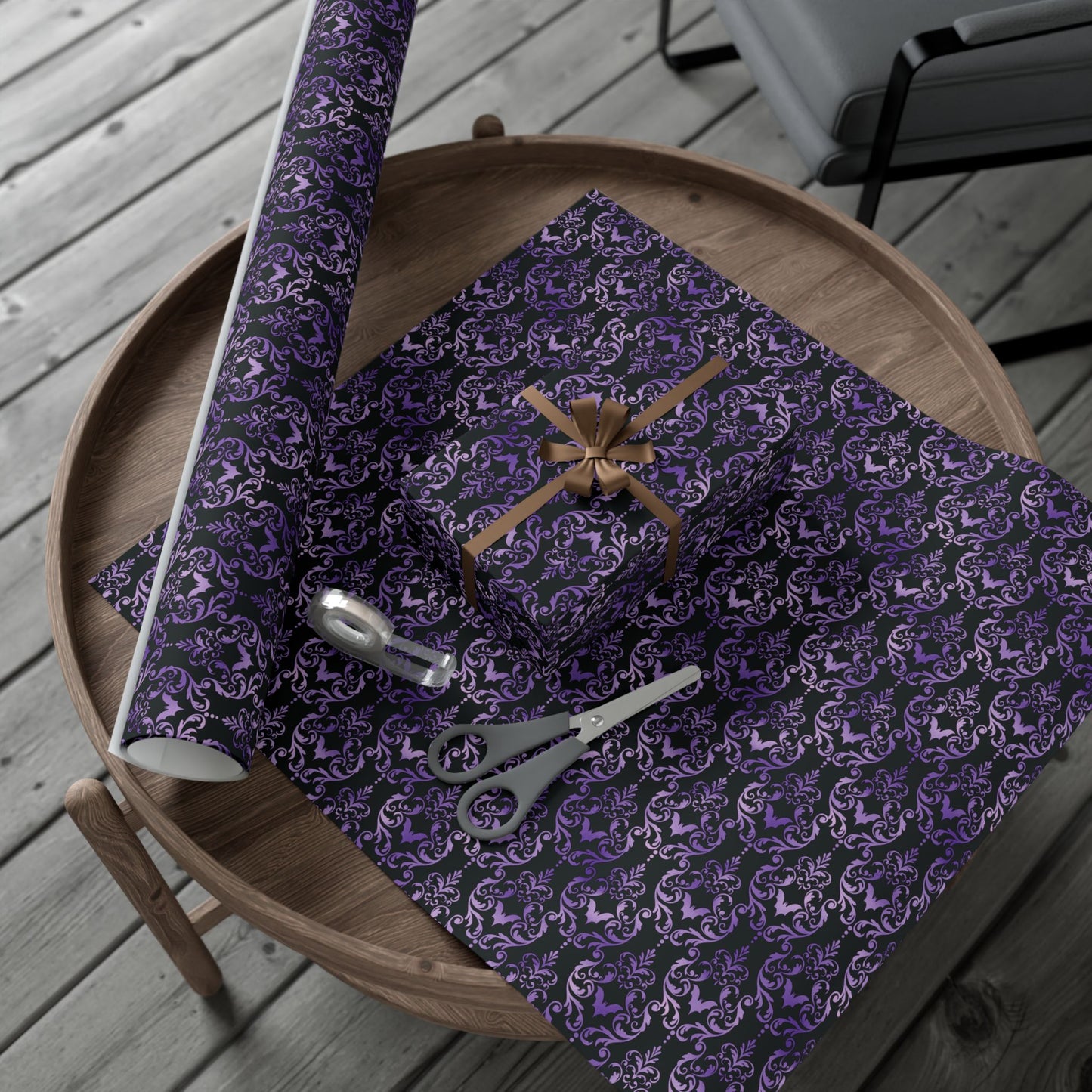 Purple Damask Bats, Victorian Goth Inspired, Dark Academia Goth Christmas & Creepmas Glam Goth Black Gift Wrap Paper