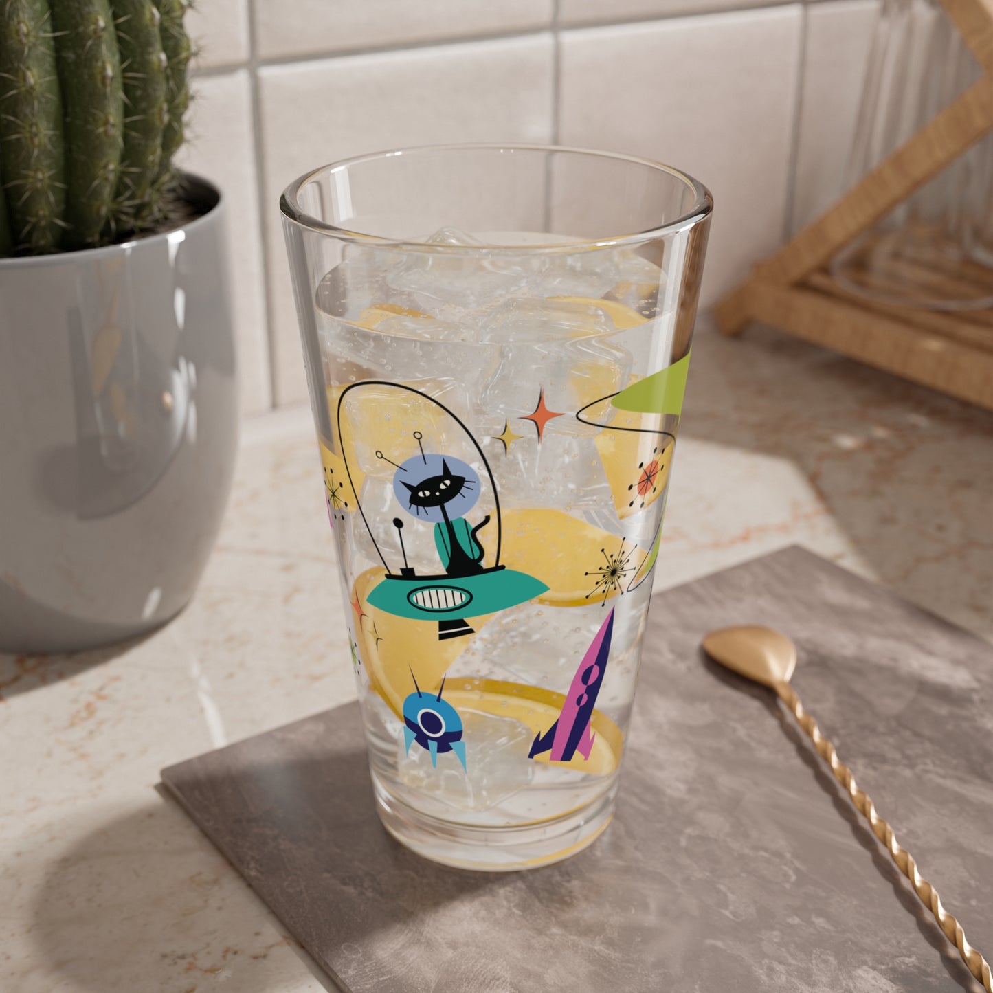 Retro 50s Space Age Atomic Black Cat, Boomerang & Spaceship MCM Multicolor Pint Glass