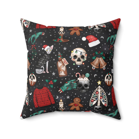 Kitschy Kawaii Goth Christmas, Creepy Cute Whimsigoth Black Creepmas Accent Pillow