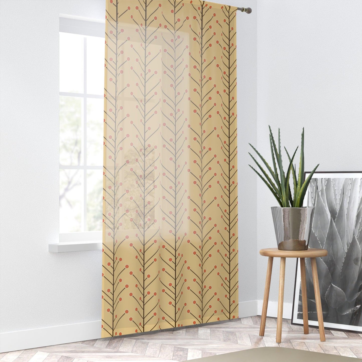 Retro 50's Mid Century Mod Minimalist Trees, Yellow Beige Sheer Window Curtain Panel | lovevisionkarma.com