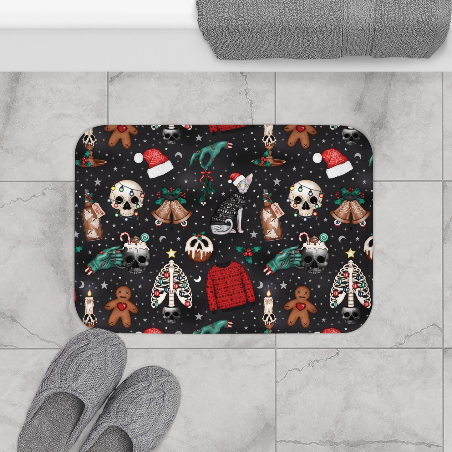 Kitschy Kawaii Goth Christmas, Creepy Cute Whimsigoth Black Creepmas Bath Mat