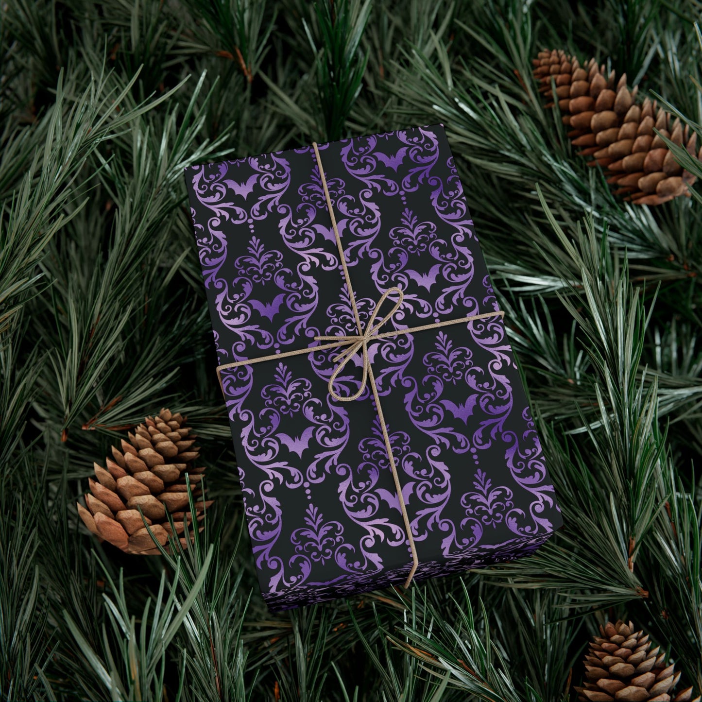 Purple Damask Bats, Victorian Goth Inspired, Dark Academia Goth Christmas & Creepmas Glam Goth Black Gift Wrap Paper