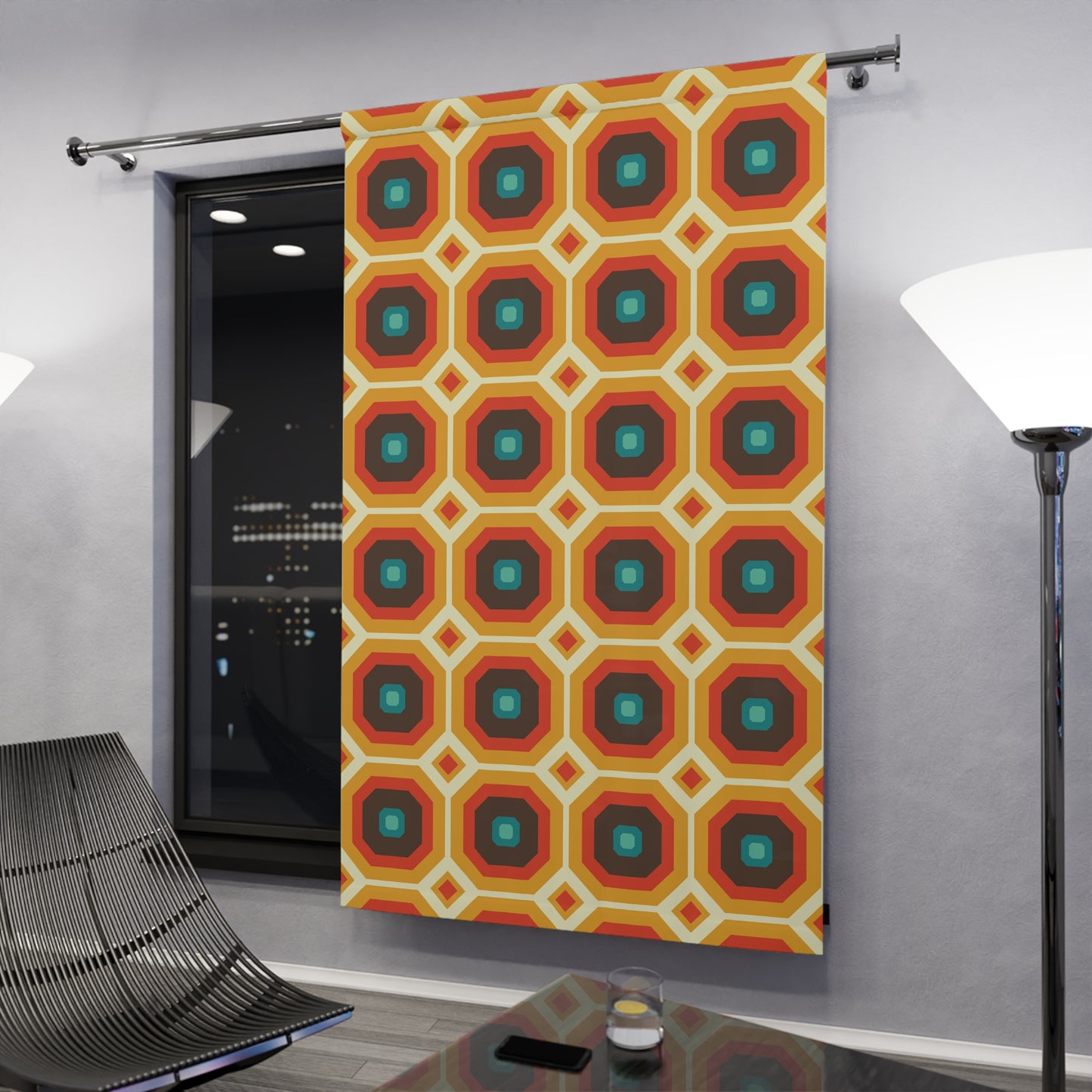 Retro 60s 70s Funky Mid Century Mod Orange & Brown Blackout Window Curtain