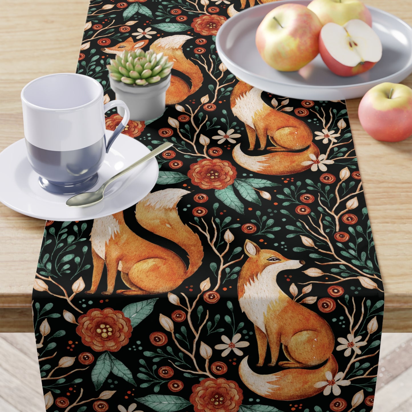 Fox Enchanted Forest Woodland Dark Cottagecore Multicolor Watercolor Style Table Runner