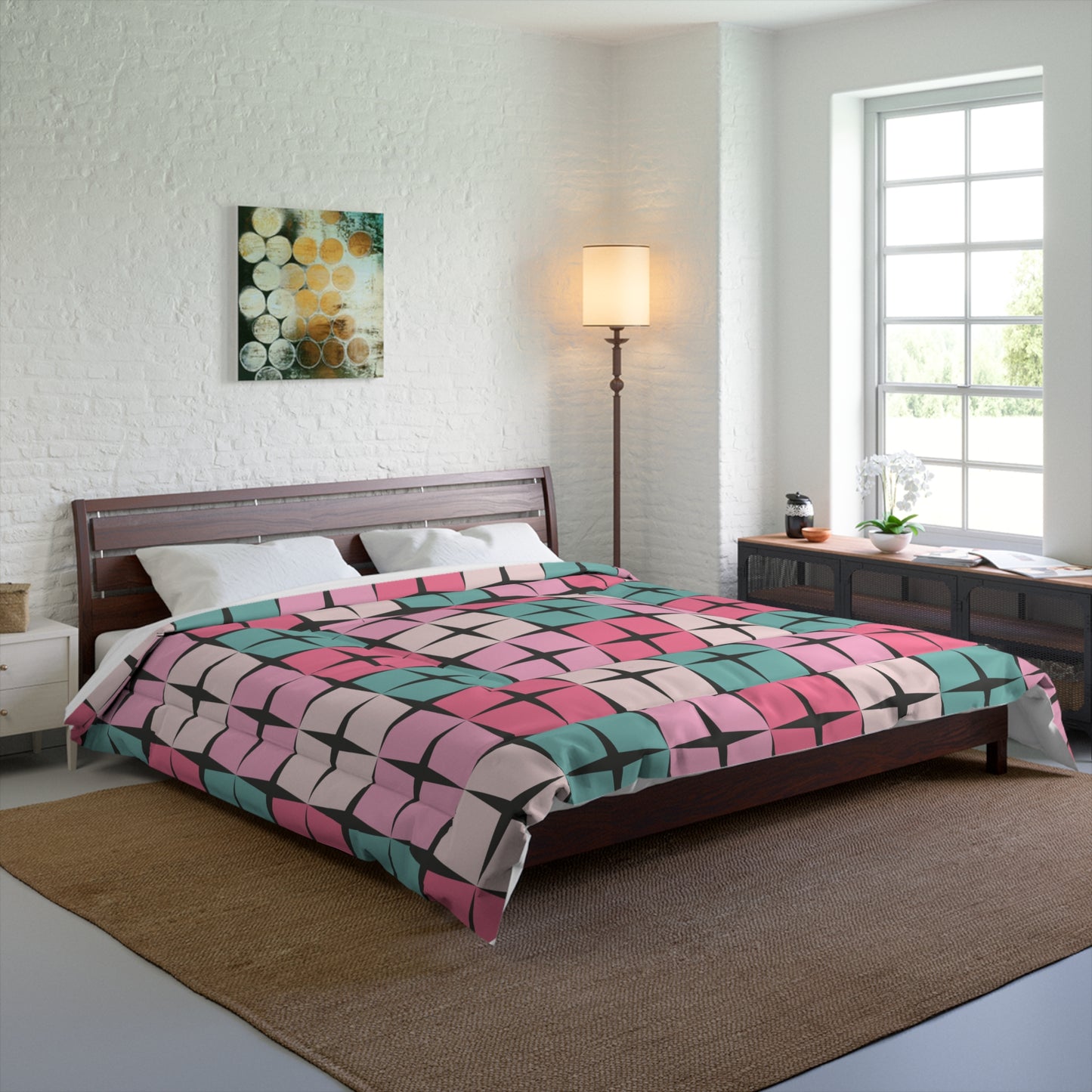 Palm Springs Bedding Retro Inspired 50s 60s Atomic Star Mid Century Mod Pink & Turquoise Blue Comforter
