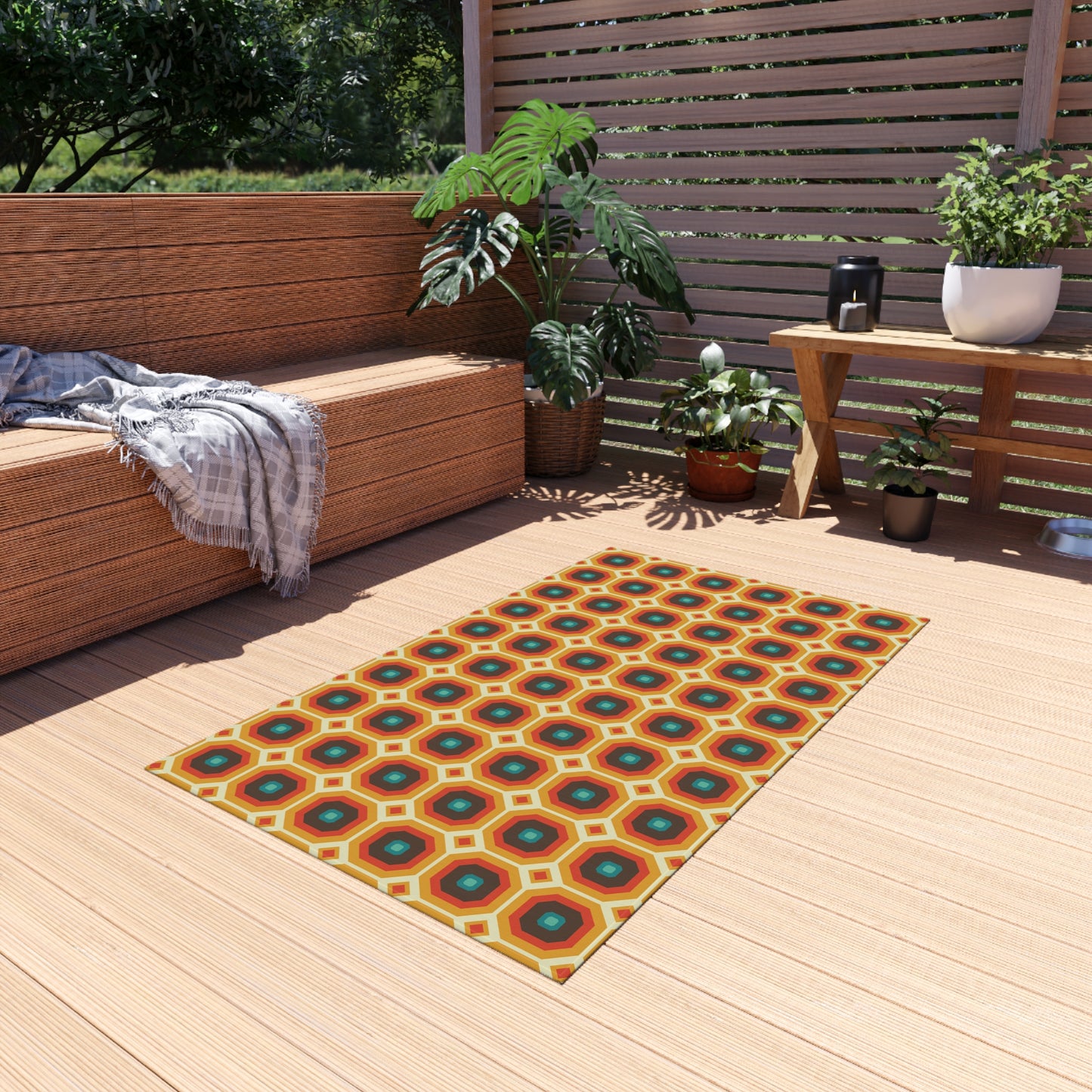 Retro 60s 70s Funky Mod Square Mid Century Geo Brown & Orange Anti-Slip Indoor/Outdoor Accent Rug