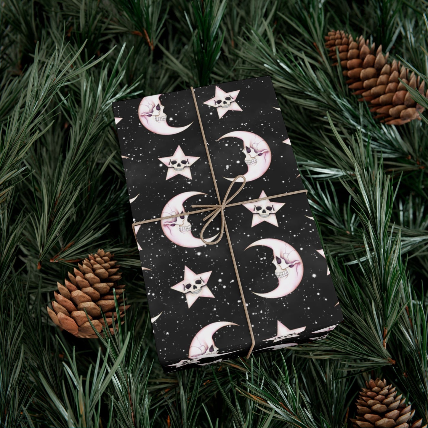 Goth Christmas Celestial Moon & Stars, Whimsical Kawaii Creepmas Black Eco-Friendly Gift Wrap