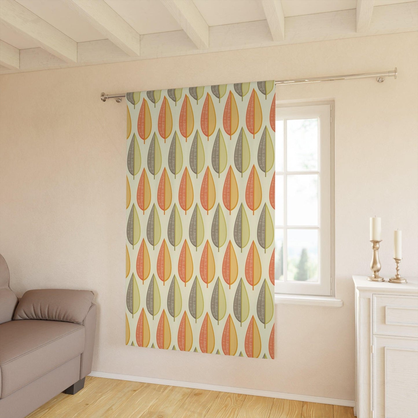 Mid Century Modern Leaves Orange, Green & Cream Blackout Window Curtain | lovevisionkarma.com